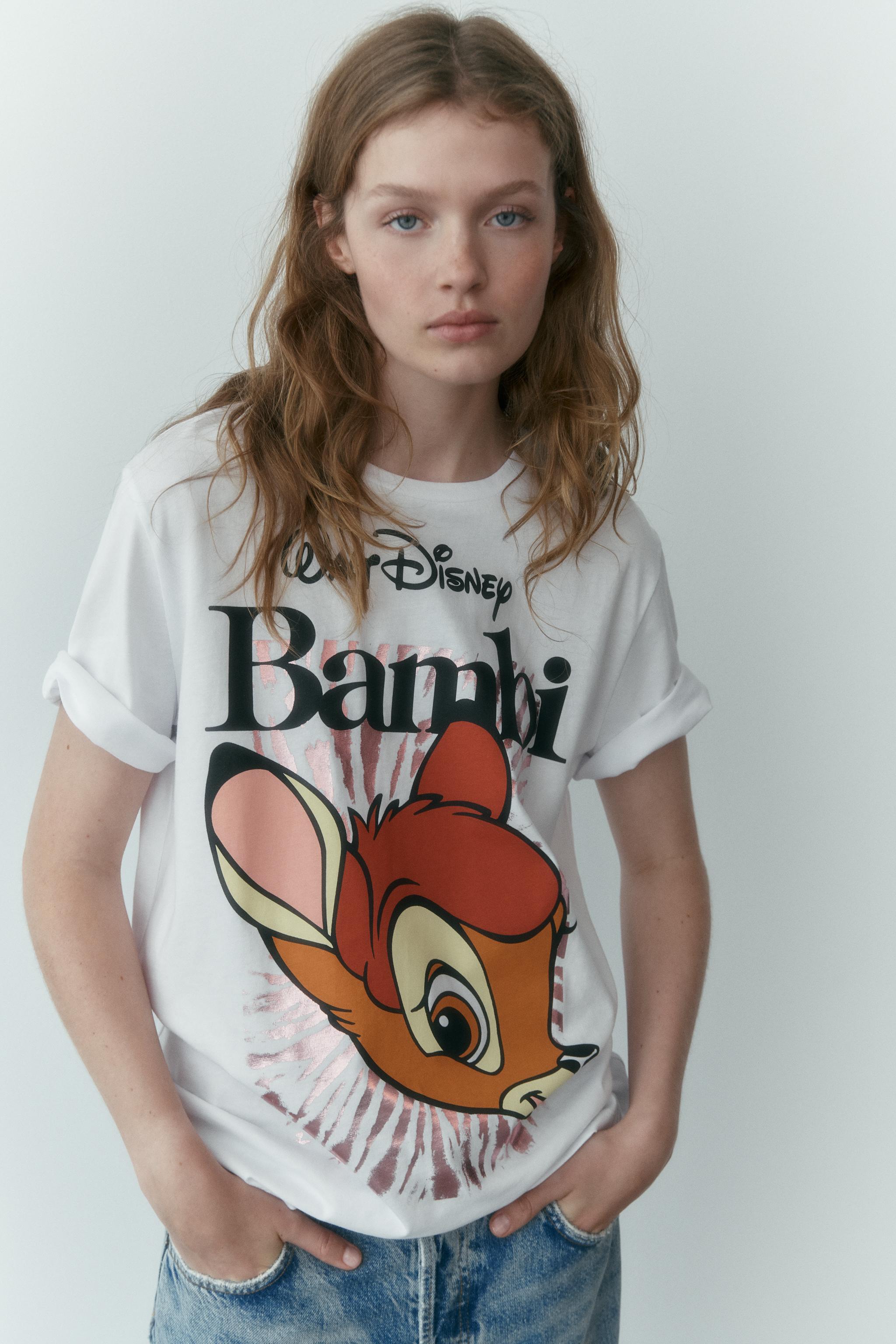 T shirt a col rond et manches courtes. Detail imprime Bambi Disney en contraste. Blanc ZARA France